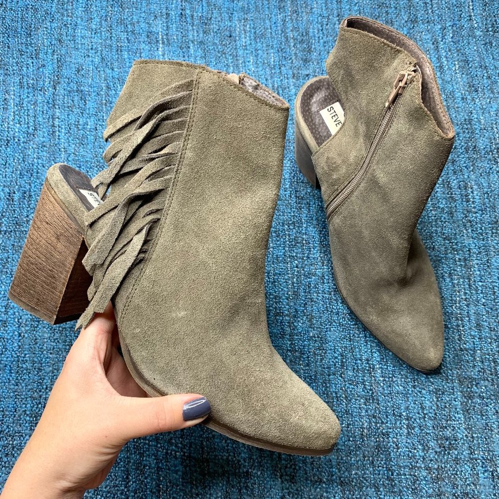 Steve Madden Malvina Fringe Leather Side Zip Block Heel Pointed Toe Booties 10